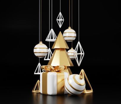 Luxury christmas 3d render banner or greeting card. Modern Minimal New year and Christmas gold and black Decoration with tree, candy, ball, gift box on black background