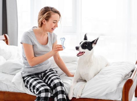 Beautiful girl wearing pajamas sitting in the bed and playing with cute doggy holdiing toy bone in her hands. Young woman at home with pet in morning time