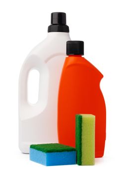 Bottles with cleaning products and sponge on a white isolated background, copy space