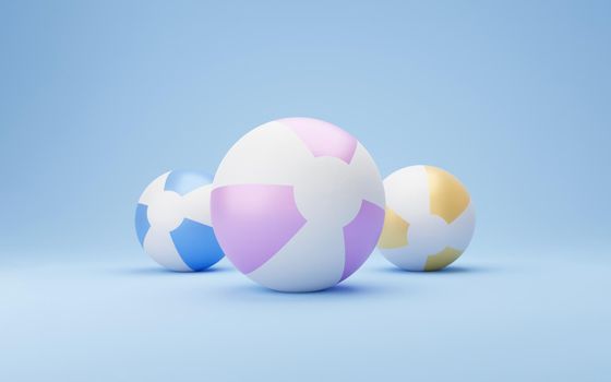 3d three beach ball illustration. minimal concept with copy space. Summer beige background with inflatable beach balls, minimal 3d illustration render