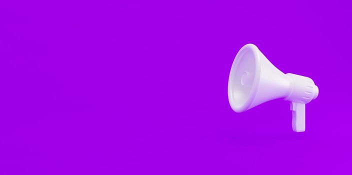 3d realistic white plastic megaphone with shadow and copy space isolated on purple background. Marketing time Advertisement idea minimal concept.3d render illustration