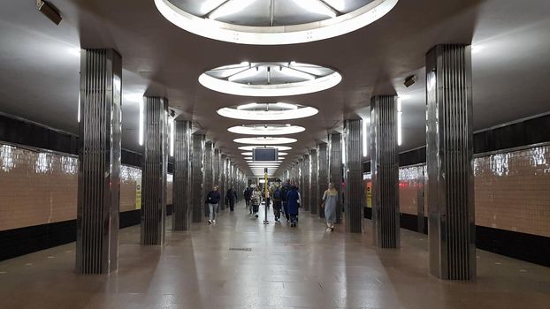 Ukraine, Kiev - May 25, 2020: Metro station on the red line of the Kiev metro. Empty station without people.