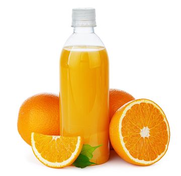 Bottle of fresh orange juice isolated on white background