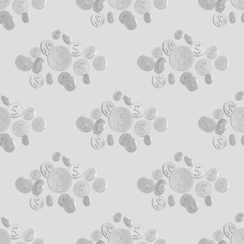 Realistic silver 3d coins with dollar sign seamless pattern. Seamless wrapping pattern of shiny money 3d render illustration