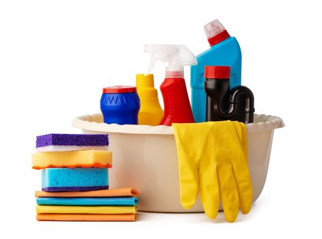 Cleaning supplies bottles isolated on white background, close up