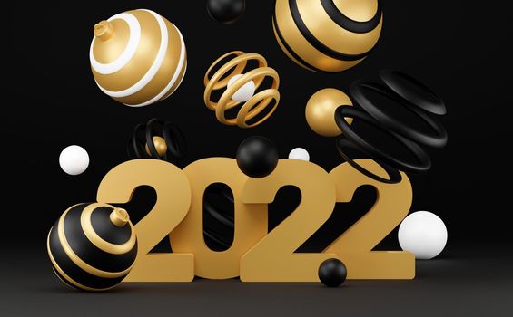 2022 new year abstract background with 3d spheres. black and gold Christmas luxury minimal concept. Decoration design for New Year. 3d rendering