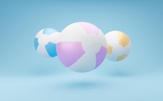 3d three beach ball illustration. minimal concept with copy space. Summer beige background with inflatable beach balls, minimal 3d illustration render