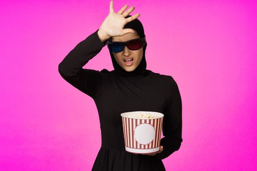 cheerful woman entertainment cinema popcorn fashion model ethnicity. High quality photo