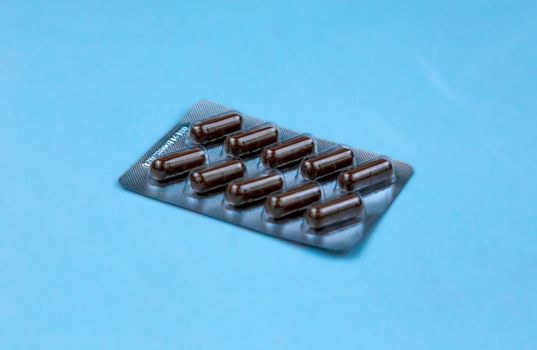 Heap of medical pills. Pills in plastic package. Concept of healthcare and medicine with copy space for text.