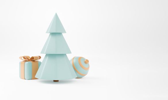 3d Christmas tree with gift box and ball white background, xmas poster, web banner. 3d illustration minimal style christmas and new year concept