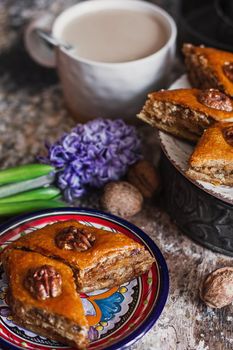 Assorted baklava. A Turkish ramadan arabic sweet dessert on a decorative plate, with coffee cup in the background. Middle eastern food baklava with nuts and honey syrup.