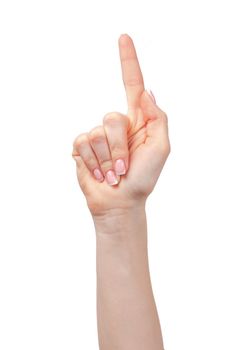 Female hand showing one finger up on white background