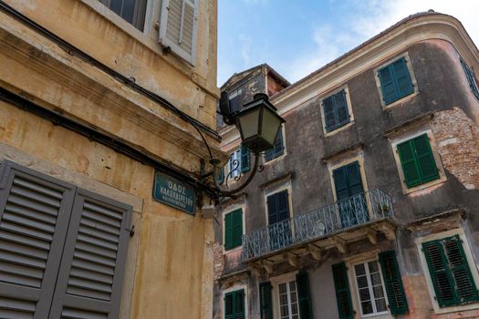 Traditional buildings on the Corfu island in Corfu town. Greece.