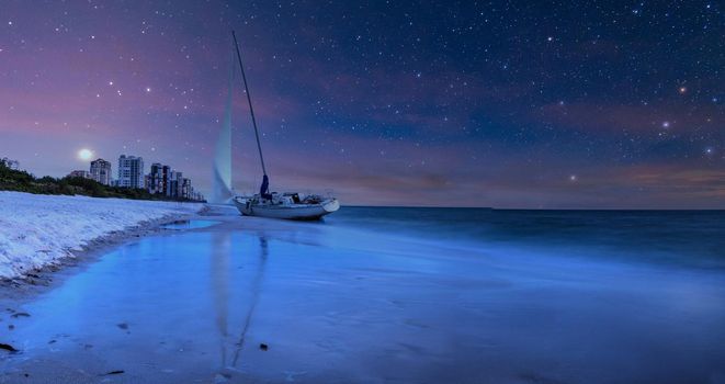 Night sky over shipwreck on the coast of Clam Pass in Naples, Florida