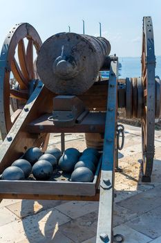 Medieval cannon in the old fortress of Corfu town at Greece.