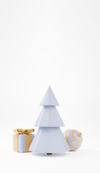 3d Christmas tree with gift box and ball vertical background, xmas poster, web banner. 3d illustration minimal style christmas and new year concept.