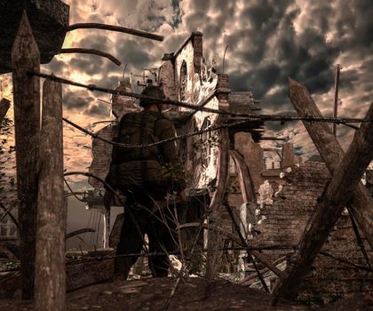 Illustration of a world war 2 daylight battle scene with a US soldier and destroyed buildings. Battlefield art background - 3d rendering