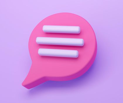 3d pink Speech bubble chat icon isolated on purple background. Message creative concept with copy space for text. Communication or comment chat symbol. Minimalism concept. 3d illustration render
