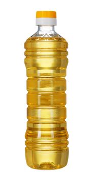 Bottle of sunflower oil isolated on white background. Close up.