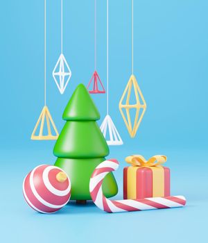 New Year and Christmas 3d design. Realistic gifts box, xmas fir tree, ball, candy and decorative elements holiday banner. 3d render image of christmas holiday