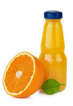 Bottle of fresh orange juice isolated on white background