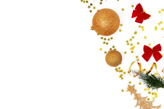 Top view of Christmas decorations composition on white background with copy space