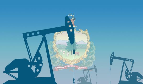 silhouette of oil pump against flag of Vermont state USA. Extraction grade crude oil and gas. concept of oil fields and oil companies, hydrocarbon market, industry