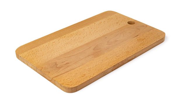 Wooden cutting board on a white background, close up
