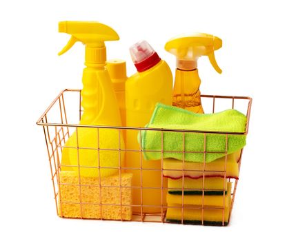 Cleaning items in basket isolated on white background, close up