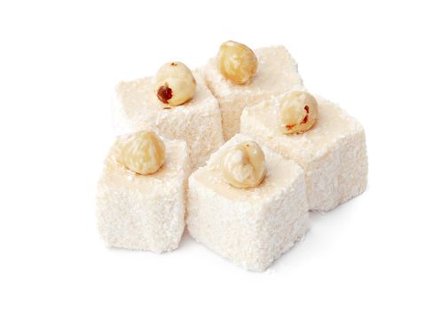 Turkish delight dessert isolated on white background, close up