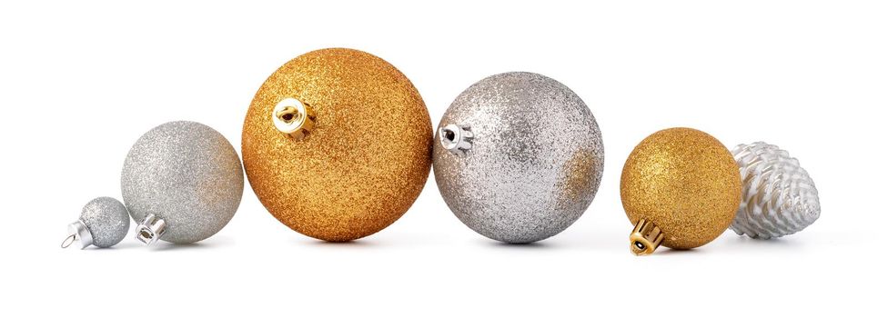 Christmas decoration balls isolated on white background, close up