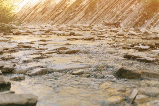 Clean and fresh mountain river or creek flowing among stones on sunny summer day.