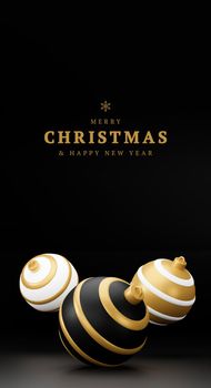 Merry Christmas and Happy New Year 3d render vertical illustration card with ornate gold, black and silver xmas balls and decoration. Winter decoration, minimal design