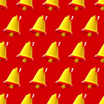Notification bell seamless pattern creative concept. Cartoon Minimal Orange Ringing bells on red background. One new notification concept. Social Media element 3d rendering