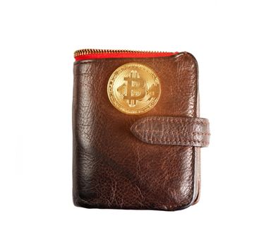 Symbol of crypto currency – one gold bitcoin on purse on a white background.