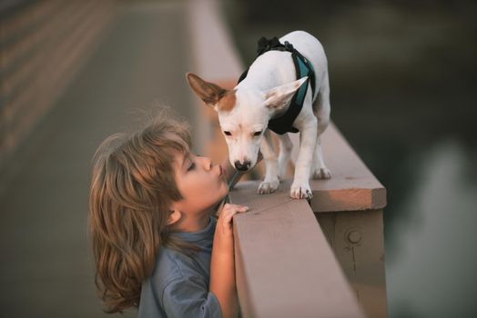 Emotional kids support. Child and white puppy outdoors in summer
