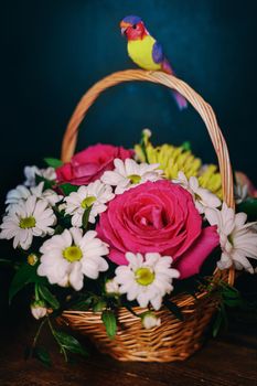 A bouquet of natural flowers in a wicker basket with a parrot on the handle. Red roses and white daisies. Original bouquet for congratulations on a dark background.