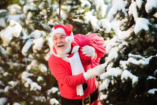 Happy excited Santa Claus with a bag of Christmas gifts coming to the winter forest on snow landscape