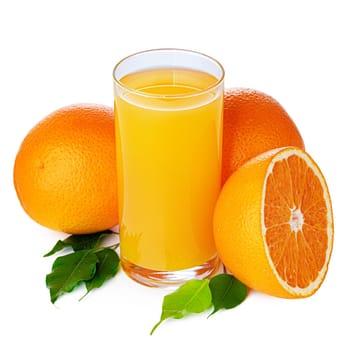 Fresh orange juice in glass isolated on white background