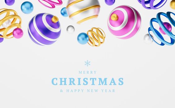 Merry christmas 3d greeting card or illustration banner. Merry Christmas and Happy New Year 3d render illustration card with ornate pink, blue, yellow xmas balls. Winter decoration xmas minimal design