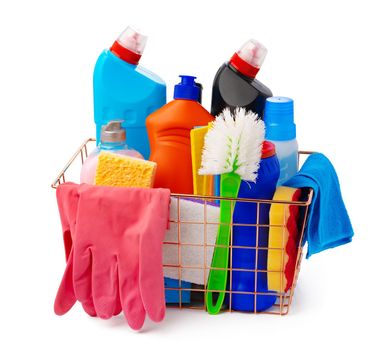 Cleaning items in basket isolated on white background, close up