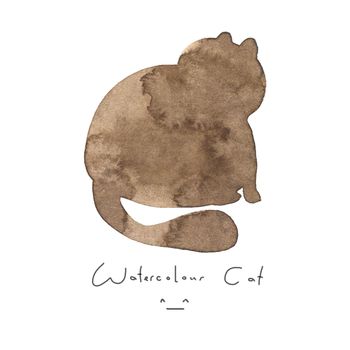 Watercolour brown cat isolated on white background. Cute simple animal hand drawn. Illustration style. Sign or symbol of a kitten. Paint element. Watercolor happy pet. Kids image