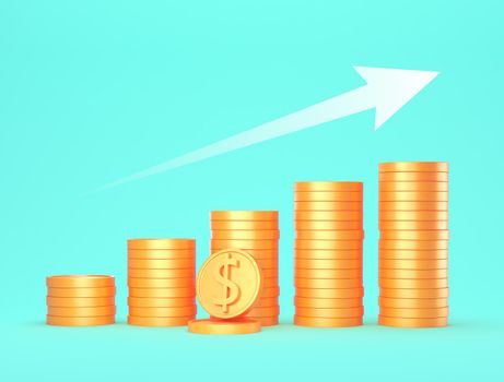 Growth Earnings and financial success concept - Gold coins and white arrow isolated on blue background . 3d render