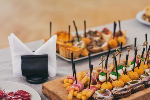 Catering table set service at restaurant before party.