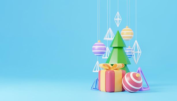 New Year and Christmas 3d design. Realistic gifts box, xmas fir tree, ball, candy and decorative elements holiday banner. 3d render image of christmas holiday