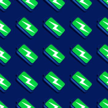 Green full battery Seamless pattern of a battery isolated on a blue background.3D illustration and 3d rendering