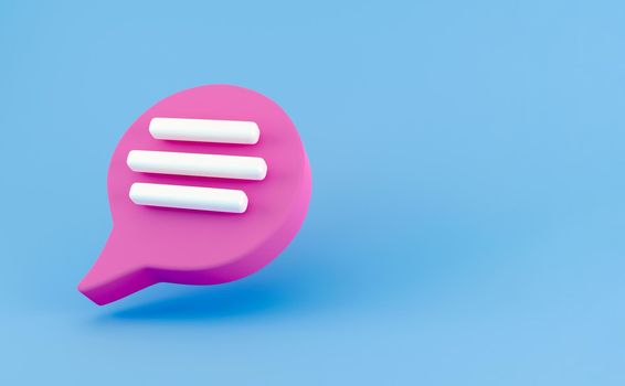 3d pink Speech bubble chat icon isolated on blue background. Message creative concept with copy space for text. Communication or comment chat symbol. Minimalism concept. 3d illustration render