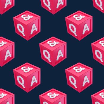 Seamless pattern Question and Answer cube box minimal concept. Cartoon 3d QA chat bubble illustration. 3d render