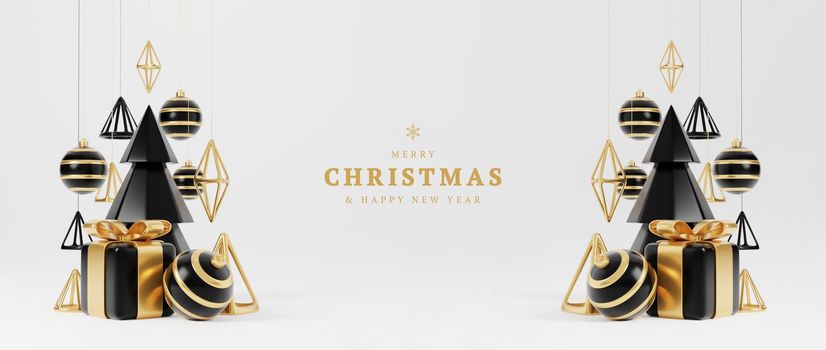 Luxury christmas 3d render banner or greeting card. Modern Minimal New year and Christmas gold and black Decoration with tree, candy, ball, gift box on white background