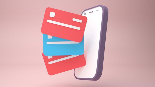 3D Online mobile payment concept with smartphone and credit card, 3d render illustration